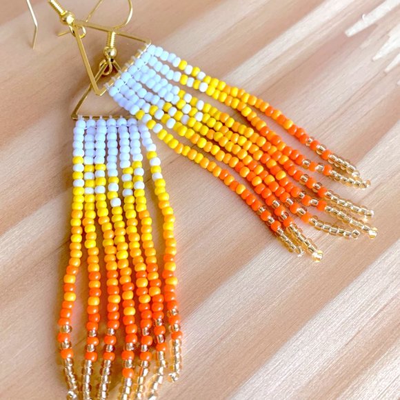 Gradient Colors Gold Triangle Body Hand Beaded Seed Bead Tassel Dangle Earrings - Picture 2 of 15